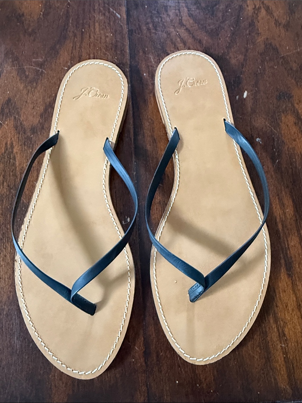 J. Crew Black Strap Tan Footbed Leather Thong Sandals